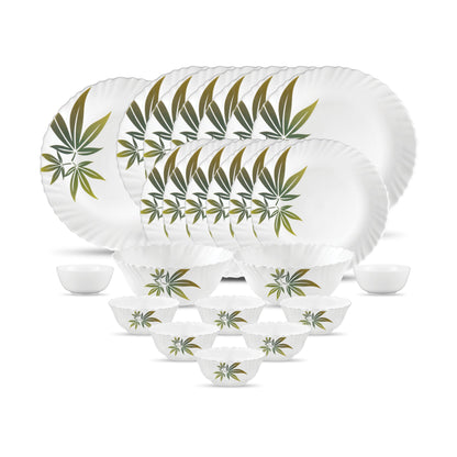 La Opala Novo Collection Opal Glass Crockery | for Family of 6 | Dinner Set 23 pcs Trinty Green | Plates & Bowls for Dining | Microwave Safe | 100% Vegetarian | Extra Strong | Light & White