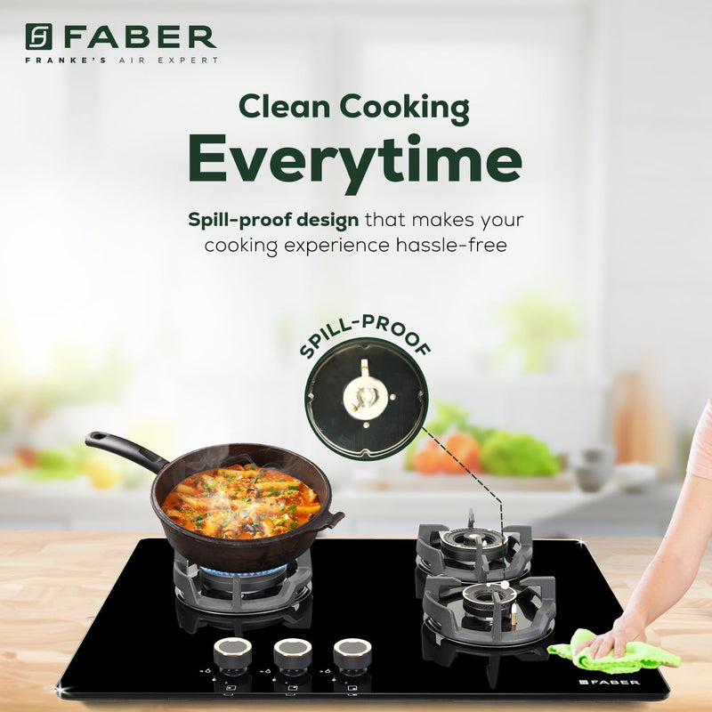 Faber 70Cm 3 Burner Hob|Auto Electric|Built-In Or Hobtop|Brass Burners|Cast Iron Pan Support|Glass Matt Finish|Metal Kno