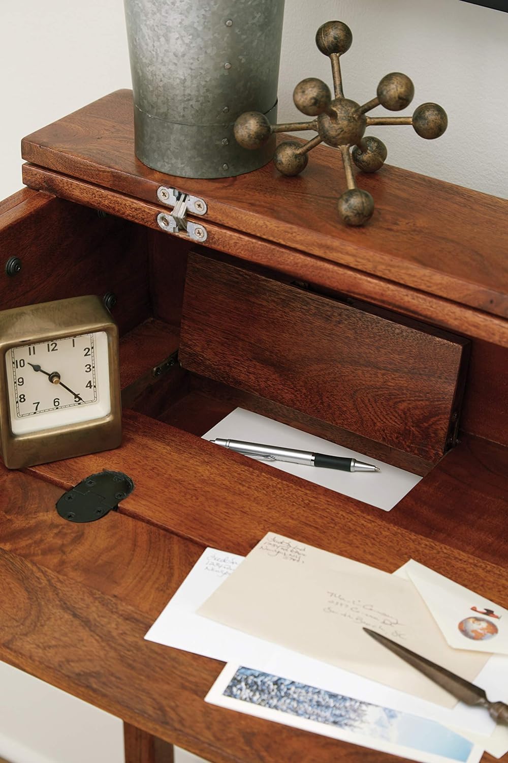 Solid Sheesham Wood Vintage Fold Down Drawer Storage Console Table for Home | Living Room | Office | Entry-Way 