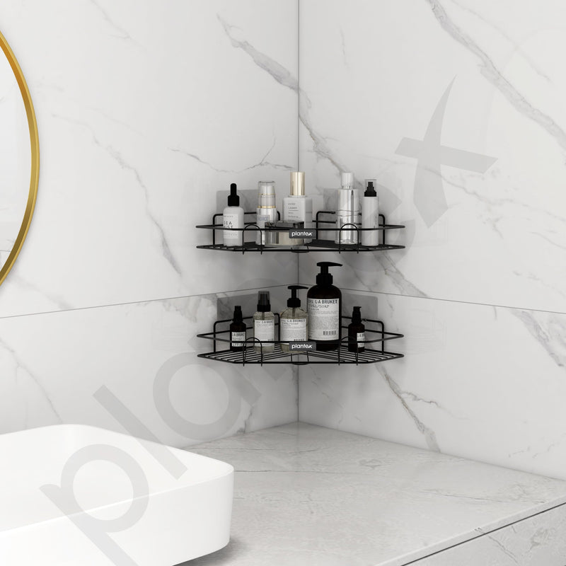 Plantex Self Adhesive Corner Shelf for Bathroom/Adhesive Shelf for Kitchen - with Magic Sticker/Bathroom Organizer Without Drill - Pack of 2 (Diamond, Black)-2