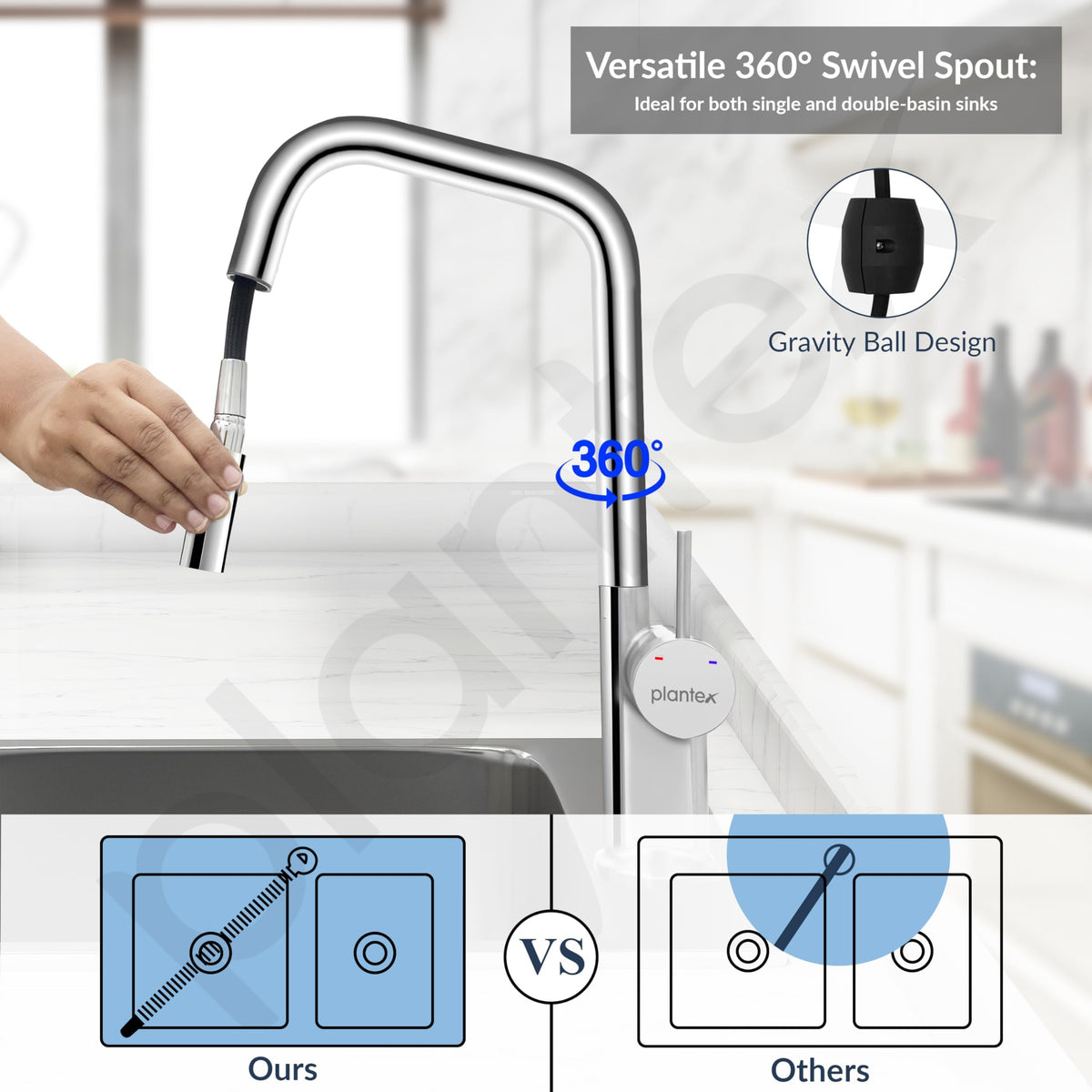 Plantex Single Lever Pull-Down Kitchen Sink Tap/Sink Mixer Tap Hot and Cold/360° Swivel Spout Faucet for Kitchen - Deck Mounted - (8991-Chrome)-5