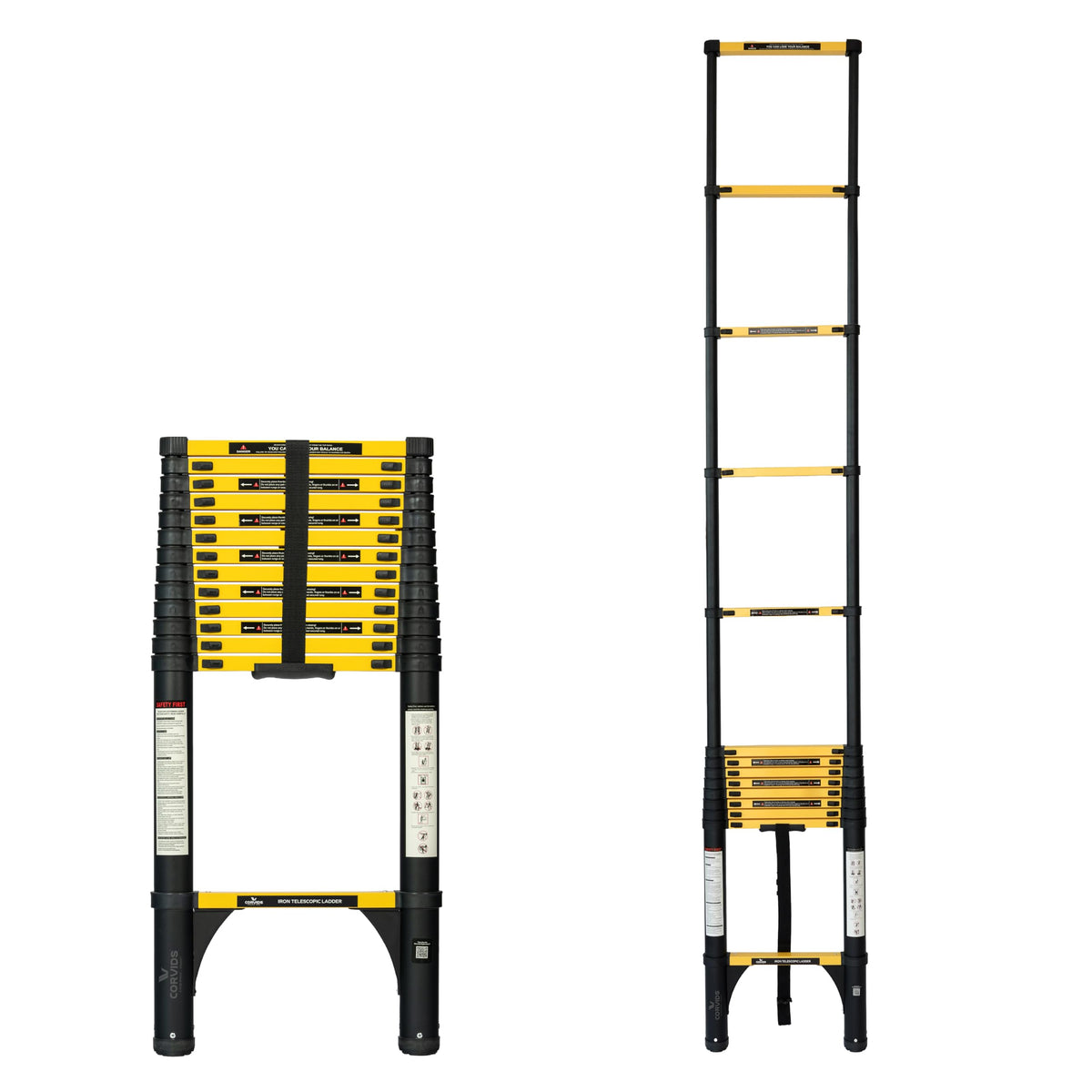 Corvids 4.4m (14.5 ft) Folding Carbon Steel Telescopic Ladder, 2-Year Warranty, 15-Step Heavy Duty Extension Ladder, Q195 Rustproof Alloy Steel, Portable & Collapsible Ladder for Home & Outdoor use