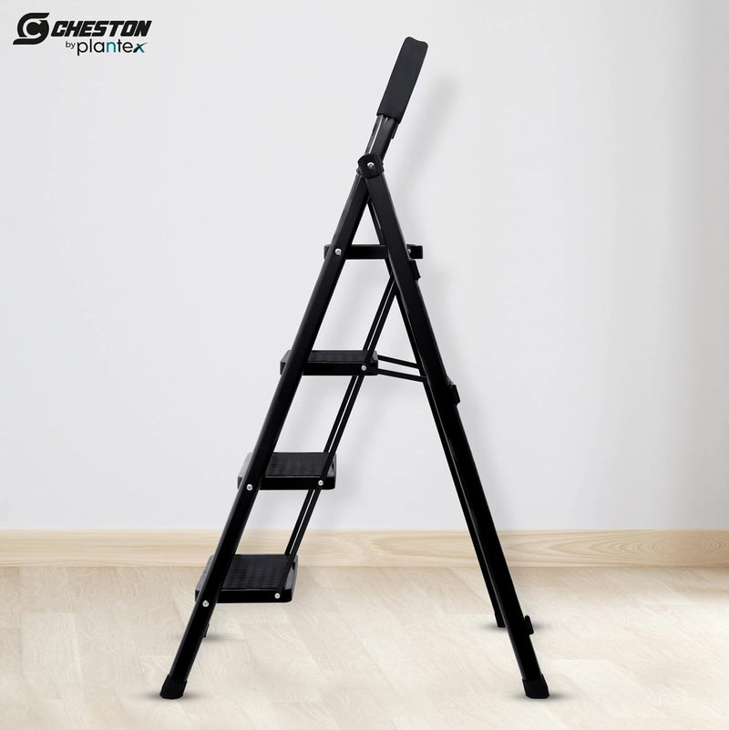 Plantex Cheston Premium GI Steel Foldable 4 Step Ladder for Home/Wide Anti Slip Steps (Black)