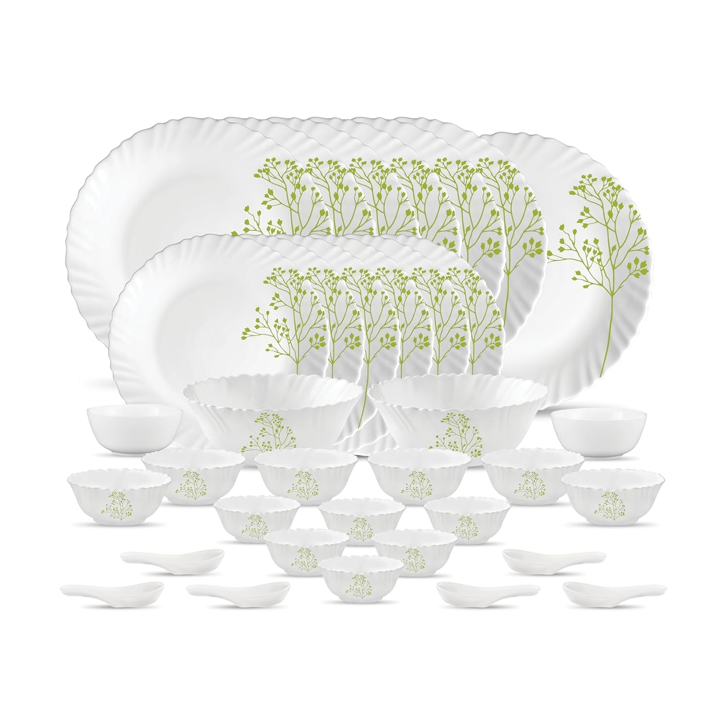 La Opala Novo Collection Opal Glass Crockery | for Family of 6 | Dinner Set 35 pcs Blissfull Green | Plates & Bowls for Dining | Microwave Safe | 100% Vegetarian | Extra Strong | Light & White