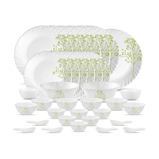 La Opala Novo Collection Opal Glass Crockery | for Family of 6 | Dinner Set 35 pcs Blissfull Green | Plates & Bowls for Dining | Microwave Safe | 100% Vegetarian | Extra Strong | Light & White