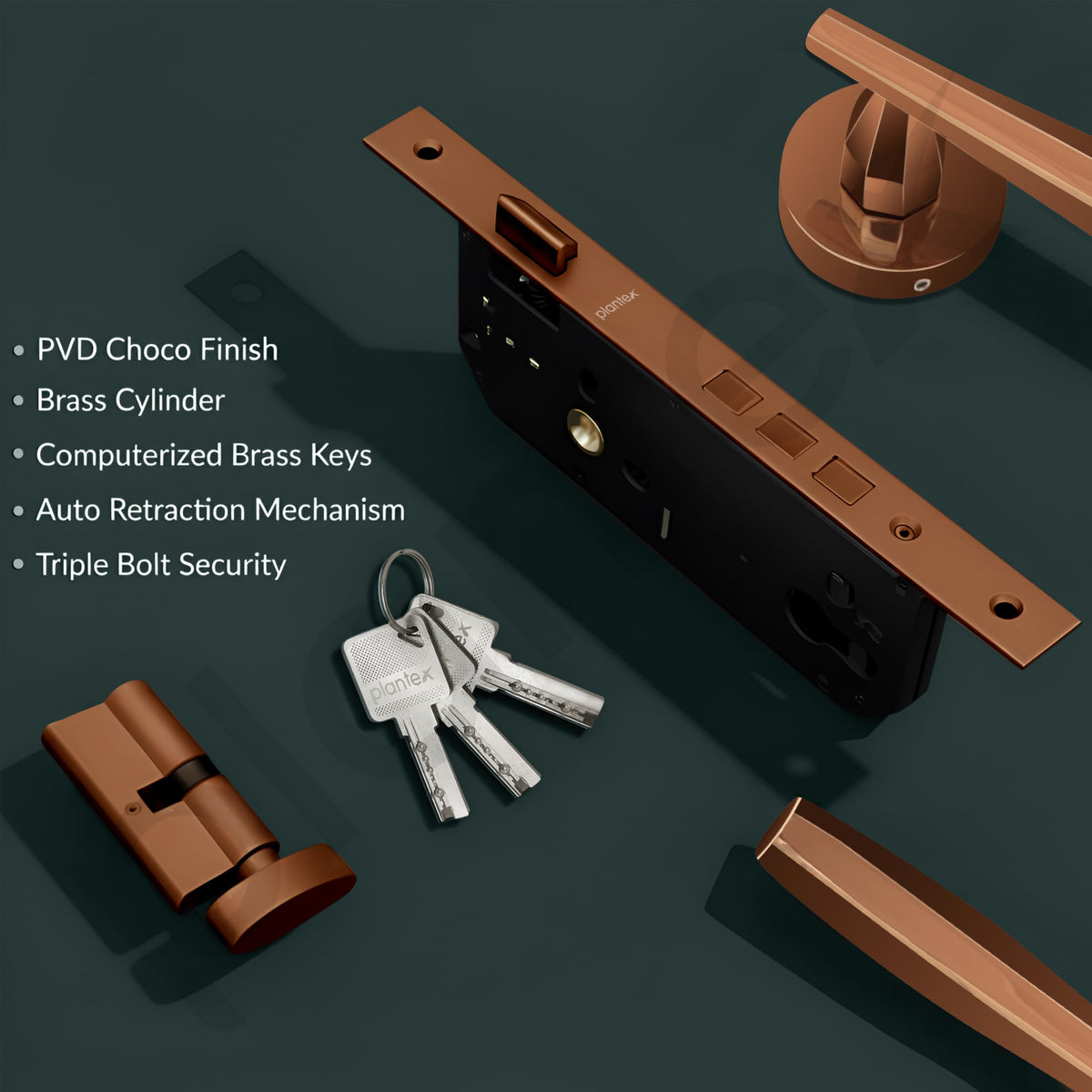 Plantex Door Handle Lock/Main Door Lock Set for Home/Mortise Lock Set with Brass Lock Body & Cylinder (7135, PVD-Choco)-5