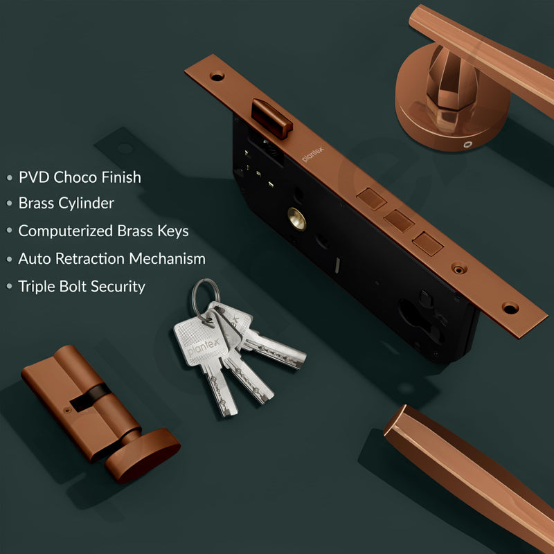 Plantex Door Handle Lock/Main Door Lock Set for Home/Mortise Lock Set with Brass Lock Body & Cylinder (7135, PVD-Choco)-5