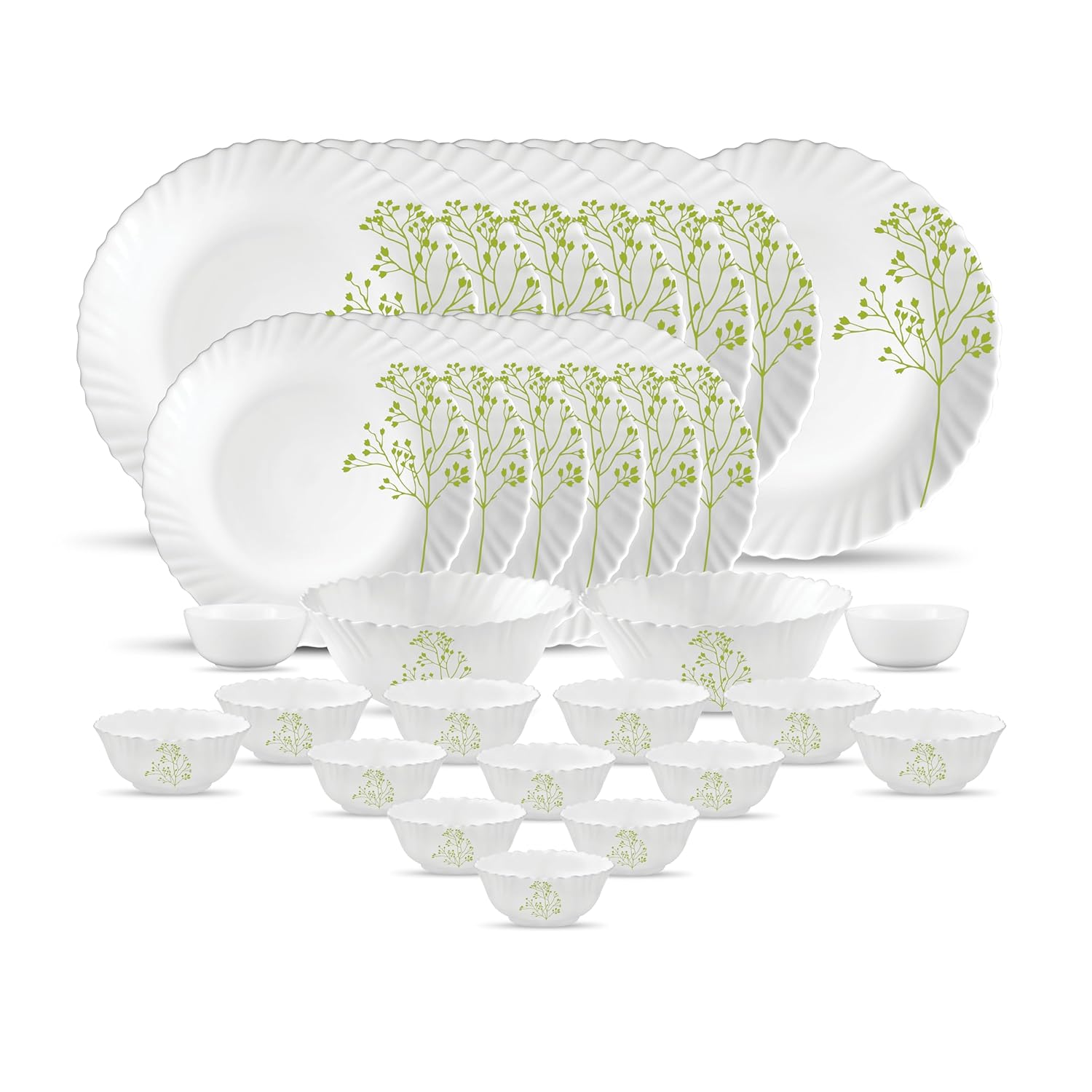 La Opala Novo Collection Opal Glass Crockery | for Family of 6 | Dinner Set 29 pcs Trinty Green | Plates & Bowls for Dining | Microwave Safe | 100% Vegetarian | Extra Strong | Light & White