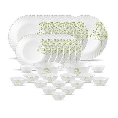 La Opala Novo Collection Opal Glass Crockery | for Family of 6 | Dinner Set 29 pcs Trinty Green | Plates & Bowls for Dining | Microwave Safe | 100% Vegetarian | Extra Strong | Light & White