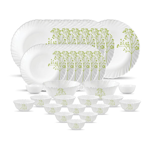 La Opala Novo Collection Opal Glass Crockery | for Family of 6 | Dinner Set 29 pcs Trinty Green | Plates & Bowls for Dining | Microwave Safe | 100% Vegetarian | Extra Strong | Light & White