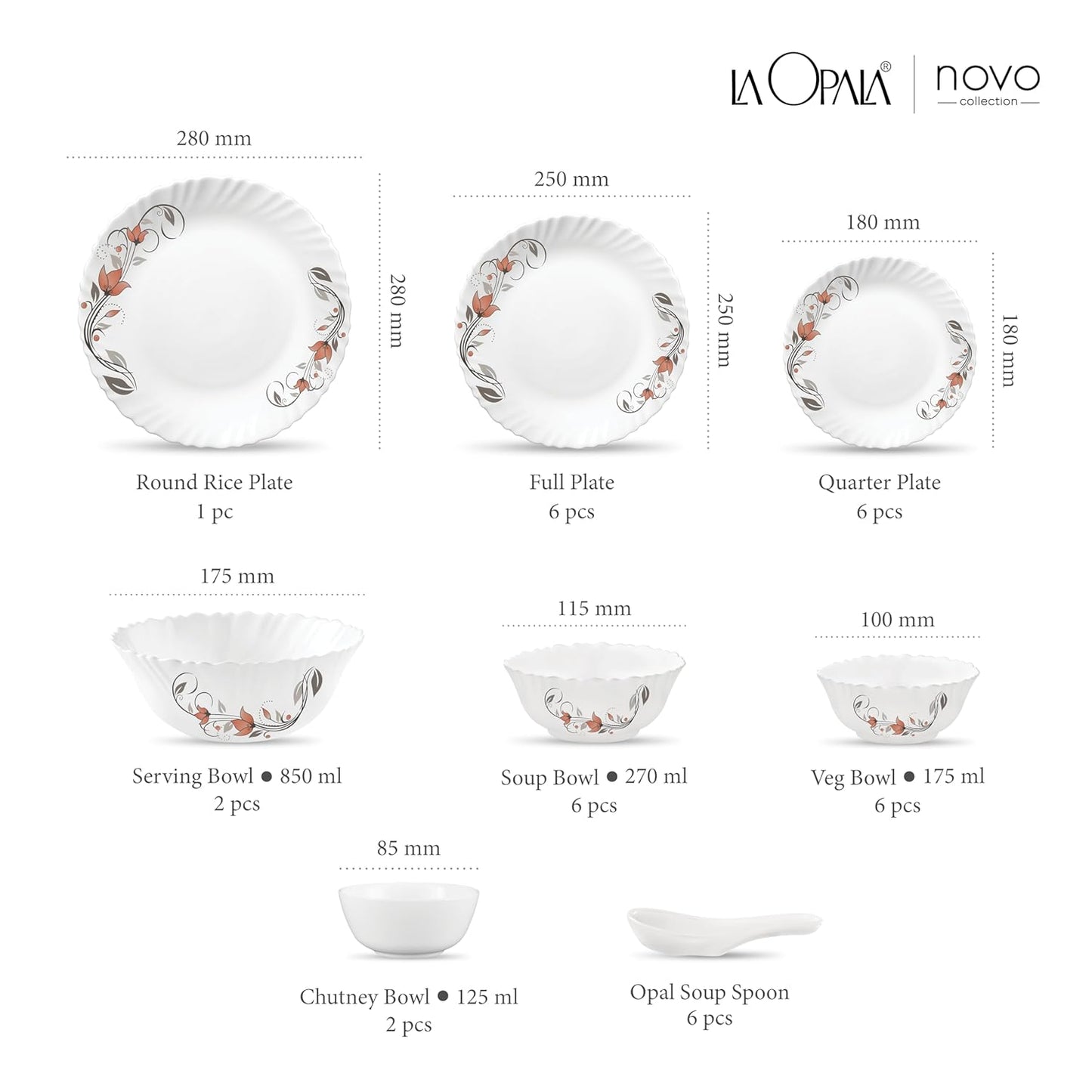 La Opala Novo Collection Opal Glass Crockery | for Family of 6 | Dinner Set 35 pcs Scarlet Duet | Plates & Bowls for Dining | Microwave Safe | 100% Vegetarian | Extra Strong | Light & White