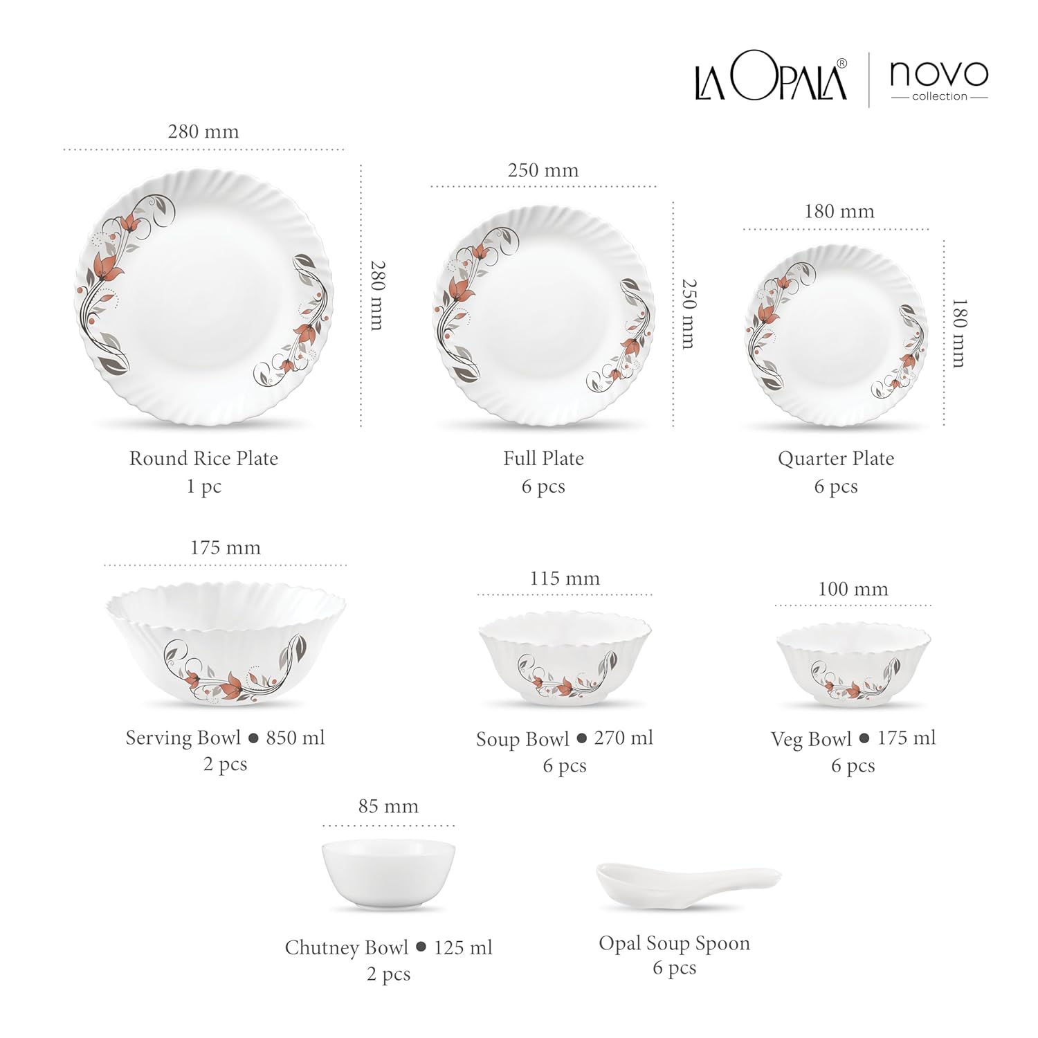 La Opala Novo Collection Opal Glass Crockery | for Family of 6 | Dinner Set 35 pcs Scarlet Duet | Plates & Bowls for Dining | Microwave Safe | 100% Vegetarian | Extra Strong | Light & White