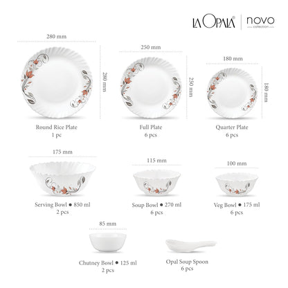 La Opala Novo Collection Opal Glass Crockery | for Family of 6 | Dinner Set 35 pcs Scarlet Duet | Plates & Bowls for Dining | Microwave Safe | 100% Vegetarian | Extra Strong | Light & White