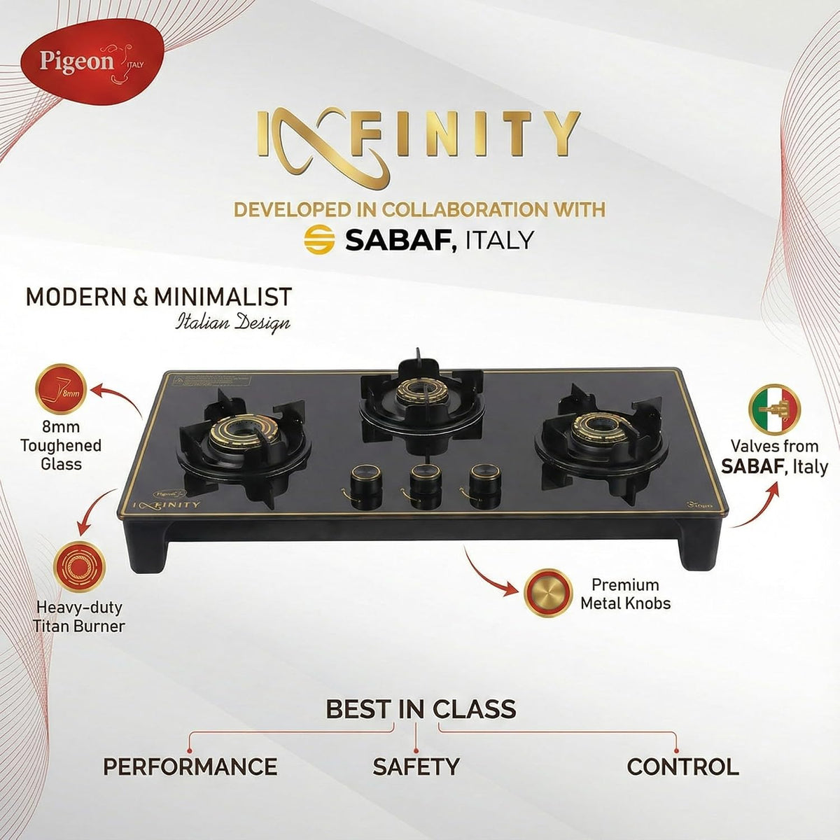 Pigeon Infinity Gold Gas Cooktop Glass Top and Stainless Steel Black Body 3 Burner Gas Stove | ISI Certified | Manual Ig