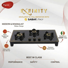 Pigeon Infinity Gold Gas Cooktop Glass Top and Stainless Steel Black Body 3 Burner Gas Stove | ISI Certified | Manual Ig