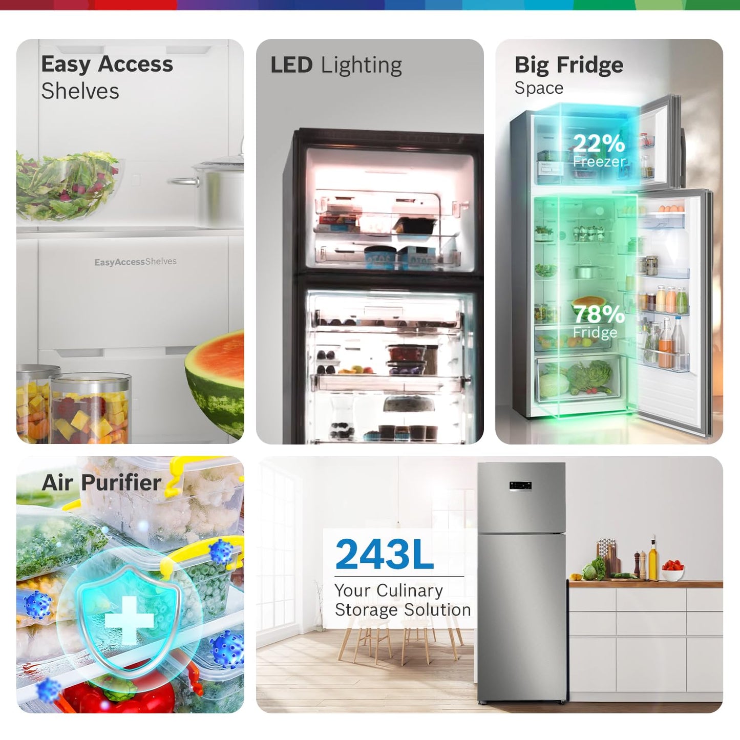 Bosch 243L 3 Star Inverter Frost free Double Door Refrigerator (2023 Model, CTC27S031I, 6-in-1 Convertible, 18 Hours Cooling Retention, Digital Display, Super Freeze, 80min Covert, Silver Inox)