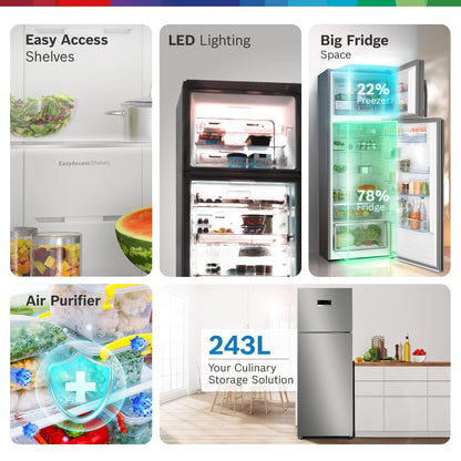 Bosch 243L 3 Star Inverter Frost free Double Door Refrigerator (2023 Model, CTC27S031I, 6-in-1 Convertible, 18 Hours Cooling Retention, Digital Display, Super Freeze, 80min Covert, Silver Inox)