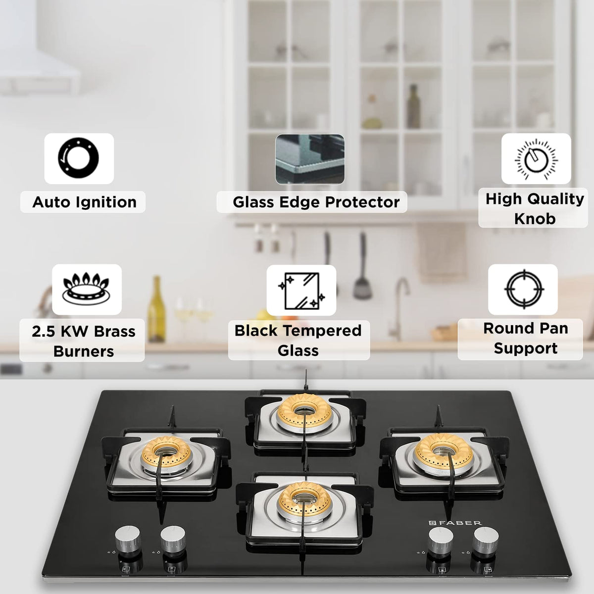 Faber Hob/Hobtop 3 Brass Burner, Electric Auto Ignition, Glass Top(HOB Orion 753 HD BB EBK) Black