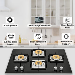 Faber Hob/Hobtop 3 Brass Burner, Electric Auto Ignition, Glass Top(HOB Orion 753 HD BB EBK) Black