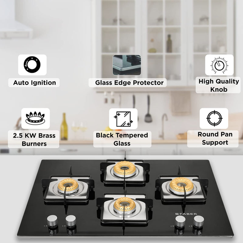 Faber Hob/Hobtop 3 Brass Burner, Electric Auto Ignition, Glass Top(HOB Orion 753 HD BB EBK) Black