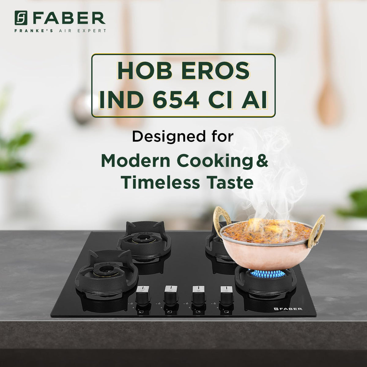 Faber 4 Burner 90cm Eros Hob |Auto-Ignition|Metal Knobs| Cast Iron Pan Support |Hob/Cooktop Hybrid| Black Glass Finish |