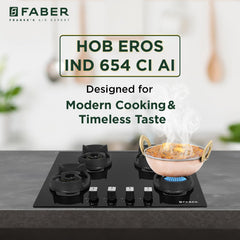 Faber 4 Burner 90cm Eros Hob |Auto-Ignition|Metal Knobs| Cast Iron Pan Support |Hob/Cooktop Hybrid| Black Glass Finish |