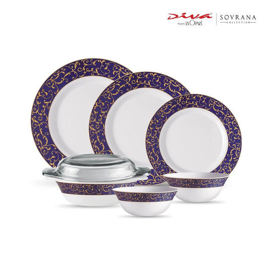 La Opala Diva Sovrana Collection Opal Glass Crockery | For Family of 6 | Dinner Set 35 pcs Anassa Blue | Plates & Bowls for Dining | Microwave Safe | 100% Vegetarian | Extra Strong | Light & White