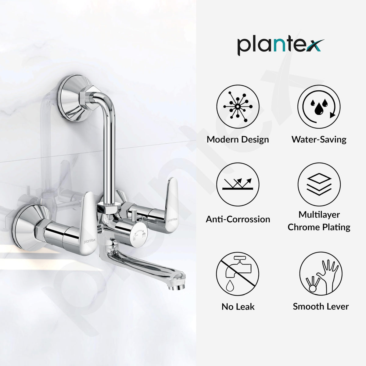 Plantex Pure Brass Wall Mixer for Bathroom 2 in 1 with L-Bend Connector/Tap Mixer/Nickel Chrome Mirror Finish Mixture Tap with Water Saving Aerotor - (DOL-2320-Chrome)-5