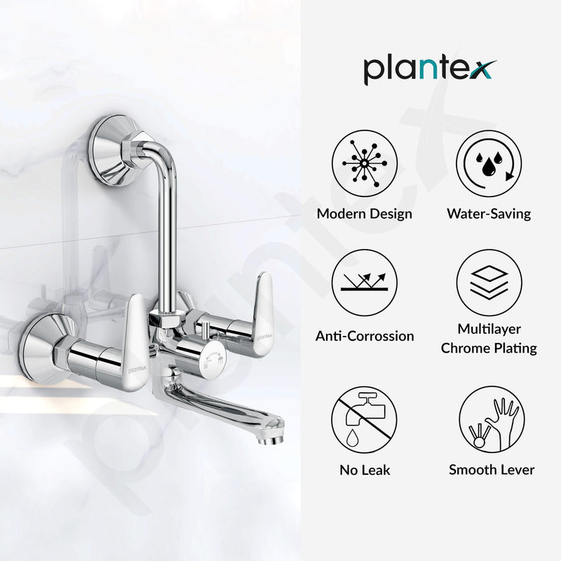 Plantex Pure Brass Wall Mixer for Bathroom 2 in 1 with L-Bend Connector/Tap Mixer/Nickel Chrome Mirror Finish Mixture Tap with Water Saving Aerotor - (DOL-2320-Chrome)-5