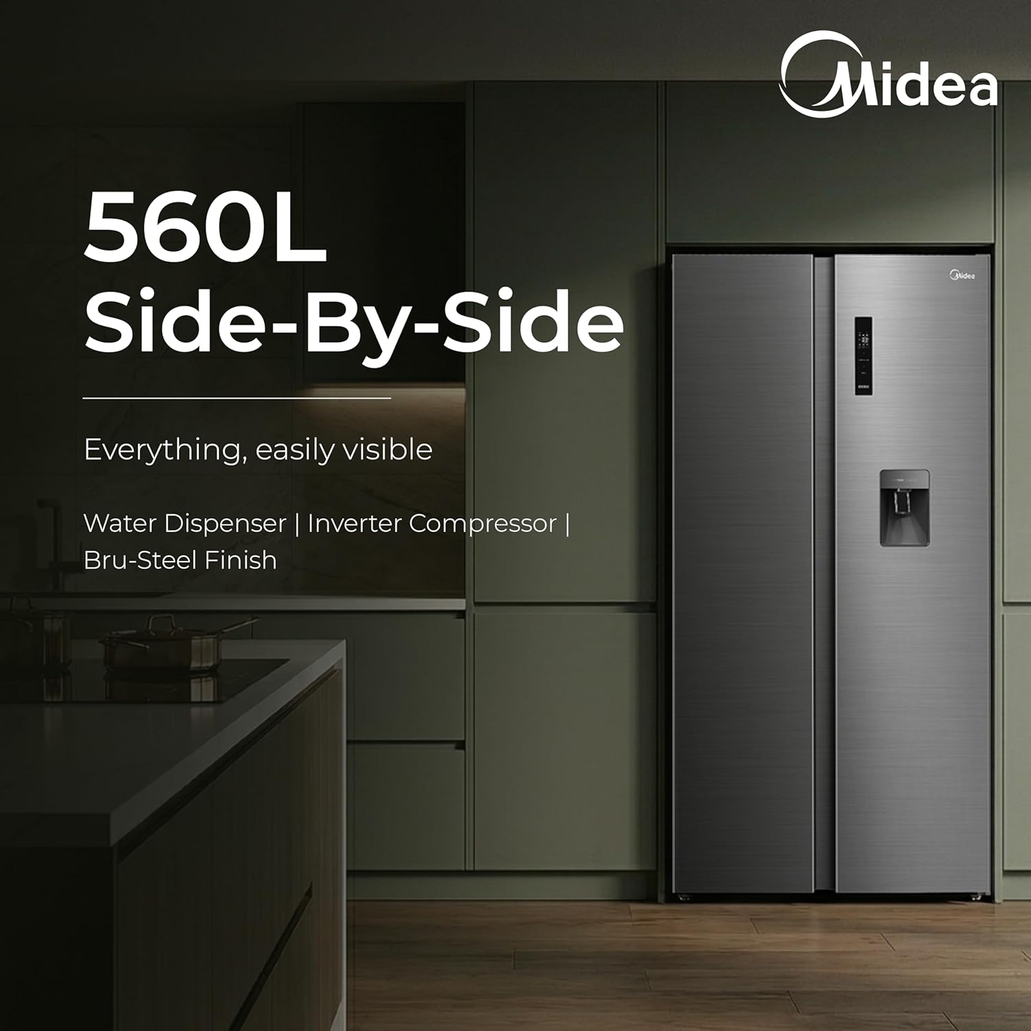 Midea 560 L Side by Side Refrigerator, Inverter Compressor, Multi Air Flow Cooling, Water Dispenser (MDRS704FGF46 Frost Free, Energy Efficient, Large Capacity, Bru-Steel Finish)