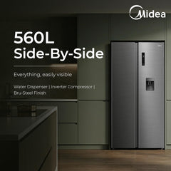 Midea 560 L Side by Side Refrigerator, Inverter Compressor, Multi Air Flow Cooling, Water Dispenser (MDRS704FGF46 Frost Free, Energy Efficient, Large Capacity, Bru-Steel Finish)