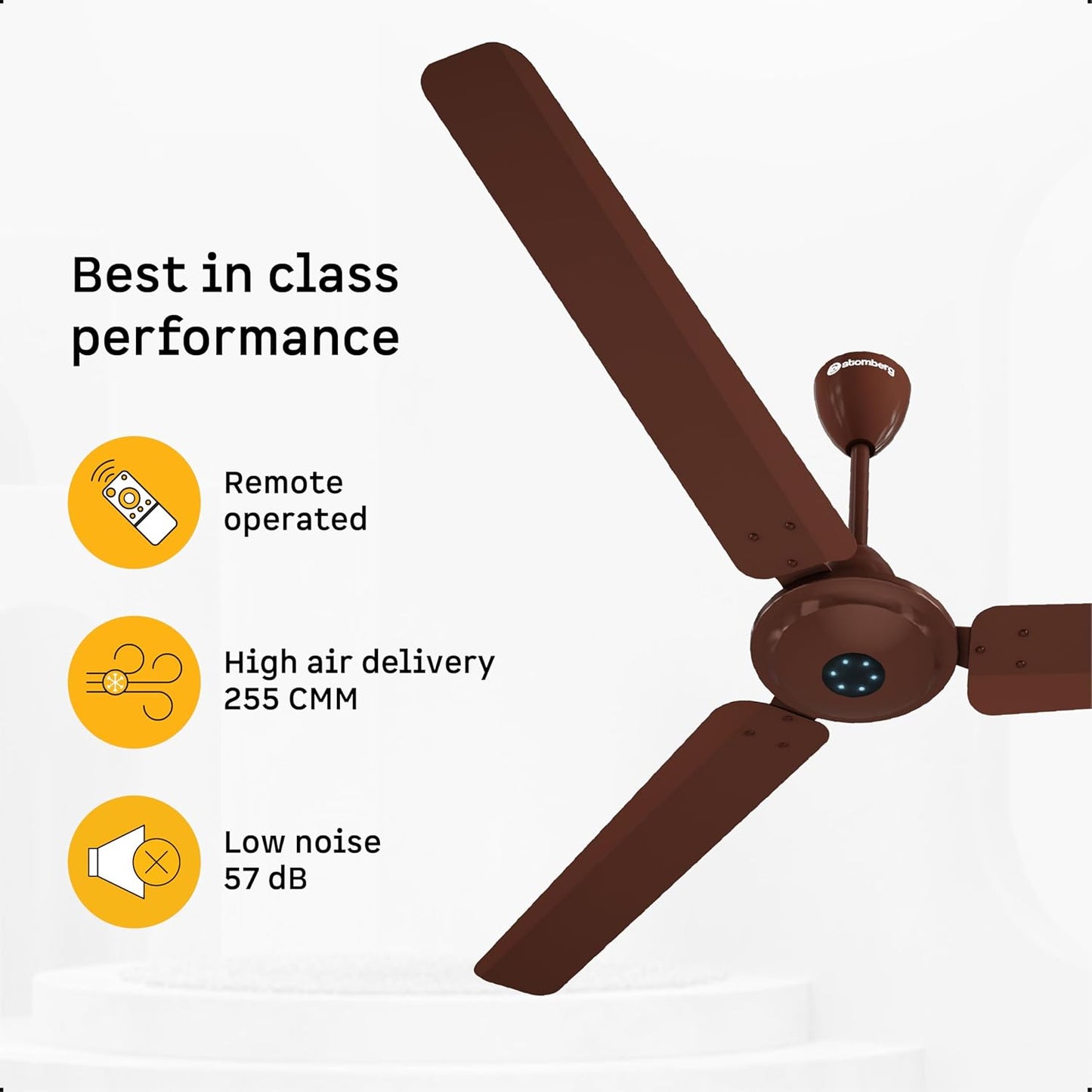 atomberg Ikano 1400mm BLDC Ceiling Fan with Remote | BEE 5 star | High Air Delivery | LED Speed Indicator | Low Noise | Timeless Design with Power Saving | 3 Year Warranty | (Gloss Brown)