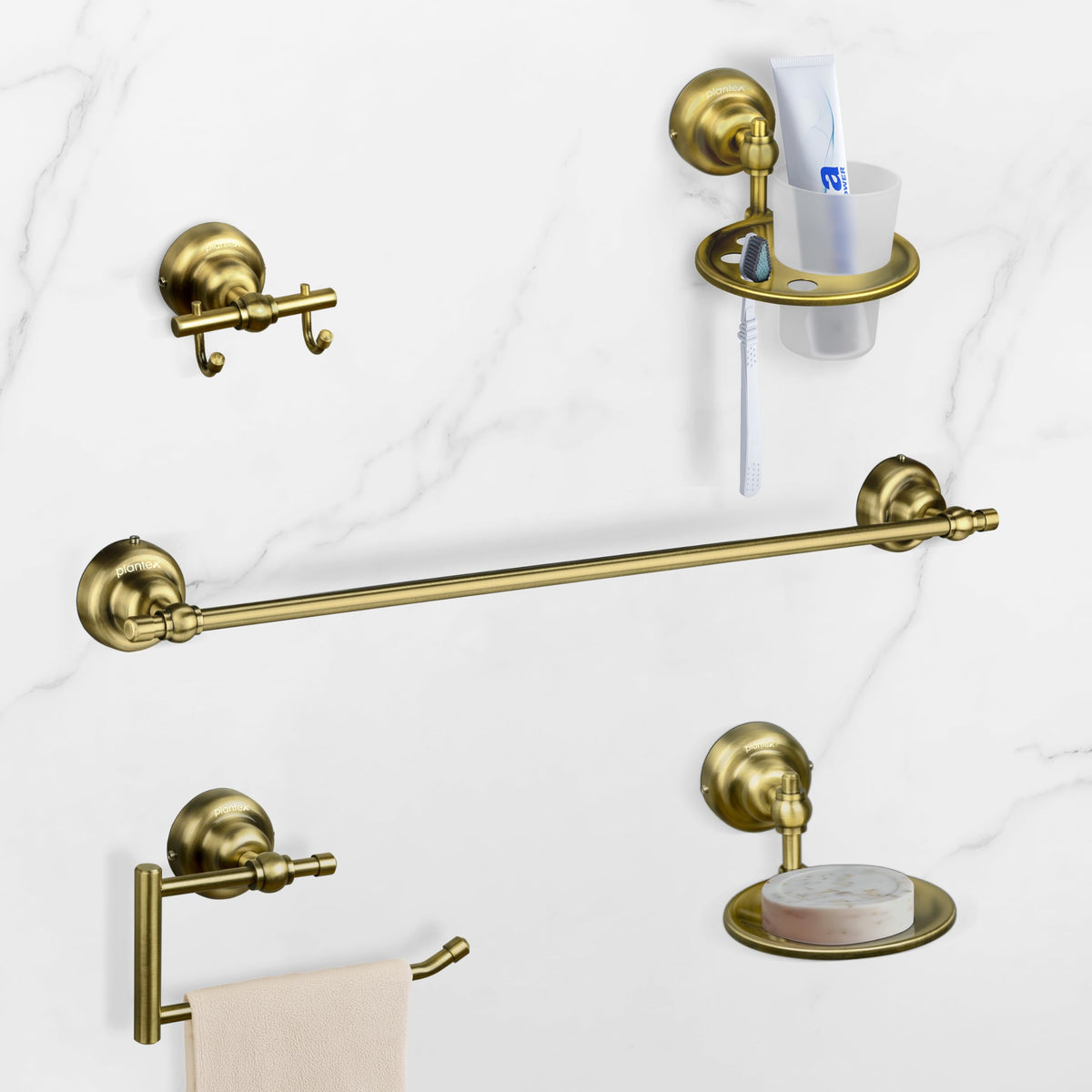 Plantex 304 Grade Stainless Steel Bathroom Accessories Set of 5 - Towel Rod/Hand Napkin Hanger for WashBasin/Soap Case/Toothbrush Holder/Robe Hook - Skyllo (Brass Antique)-1