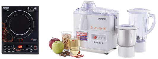 USHA Cook Joy (3616) 1600-Watt Copper Sealed Induction Cooktop (Black) & 3345 450-Watt Juicer Mixer Grinder with 2 Jars (White)
