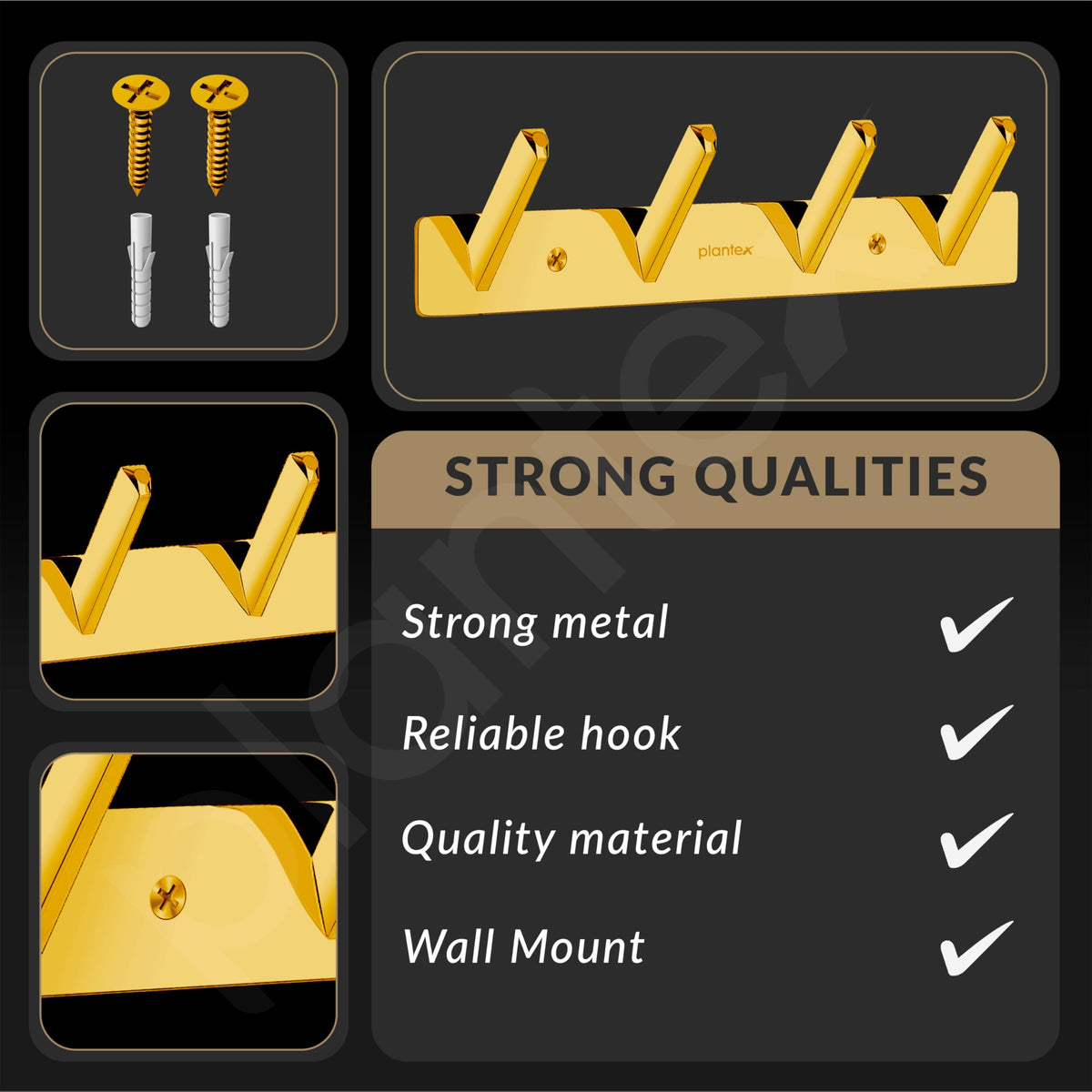 Plantex Wall Hooks for Hanging Cloth/Stainless Steel Towel Hangers/Bathroom Robe Hooks/Door Hangers/Square Wall Hook/Hook Rail for Hanging Keys - 4 Hooks (Pack of 3, PVD Gold)-6
