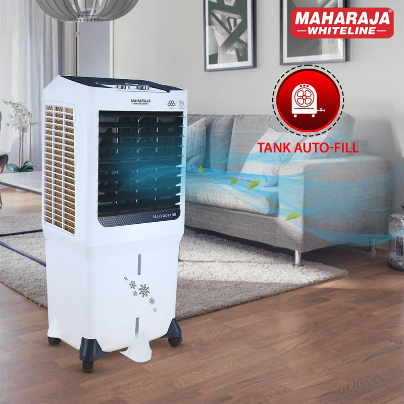 Maharaja Whiteline MAXFROST 90 Desert Air Cooler with 90 ltr Large Tank Capacity, 200W (White & Navy Blue)
