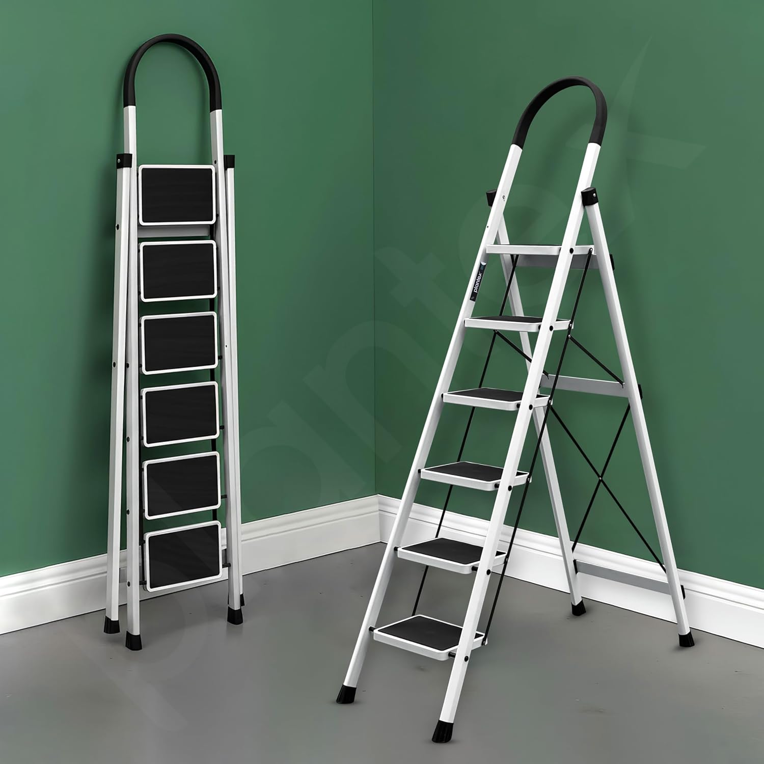 Plantex Ladder for Home 6 Steps/Foldable Ladder with Anti-Skid Wide Steps (30L x 20W cm)/Strong D-Shape Pipe with X-Support for More Stability/5 Year Warranty(Apex-White)