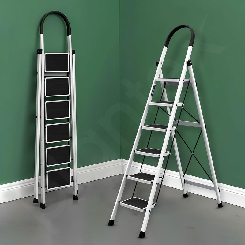 Plantex Ladder for Home 6 Steps/Foldable Ladder with Anti-Skid Wide Steps (30L x 20W cm)/Strong D-Shape Pipe with X-Support for More Stability/5 Year Warranty(Apex-White)
