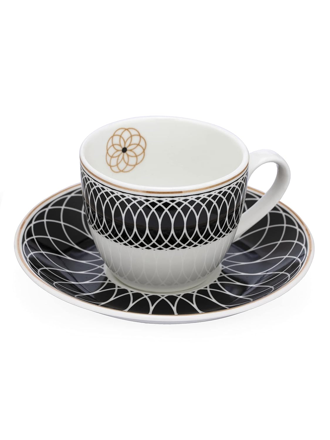 Clay Craft Fine Ceramic Cream Series Cup & Saucer Set for Tea/Coffee of 12 (6 Cups + 6 Saucers) - 180 ml Each (Black Circles)