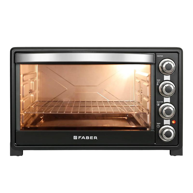 Faber 60L 2200W OTG | Bake, Toast, Roast, Grill | 4 Heating Functions, Upper & Lower Heating, Rottisserie, 360° Convection| Indicator Light, Auto Shut-Off, Ready Bell | Removable Crumb Tray | (Black)