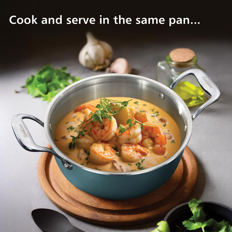 Hawkins Olive Pro 3 Litre Cook n Serve Bowl, Triply Stainless Steel Pan with Stainless Steel Handles and Glass Lid, Green (POSC30G)