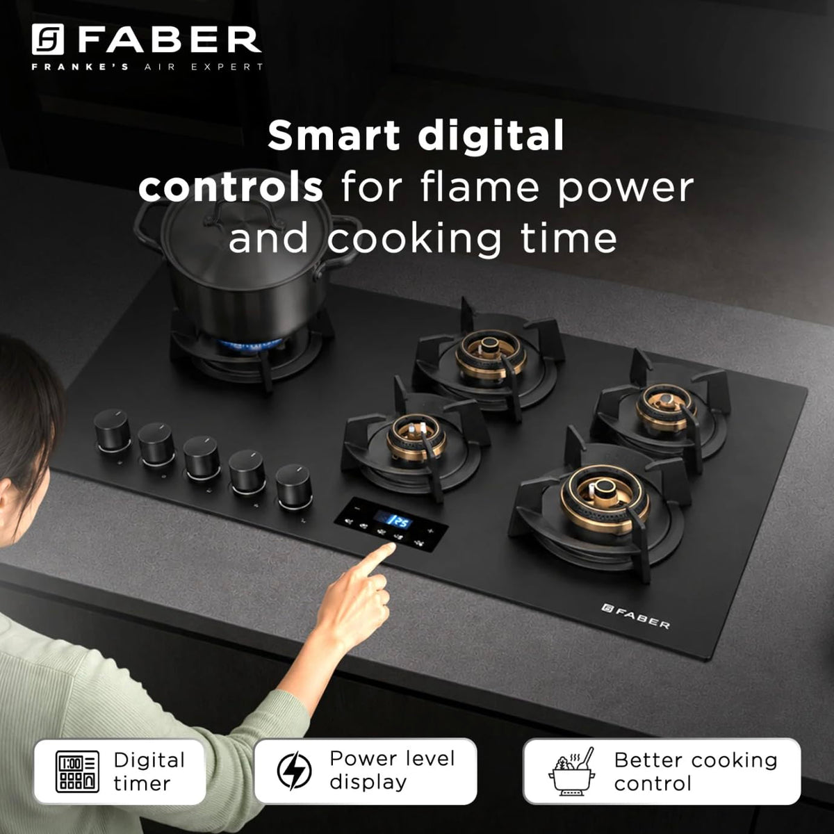 Faber 5 Burner 90Cm Hybrid HOB| Multiple Timer & Power Level Display |3.6Kw Brass Burner|Free Installation|2 Years Compr