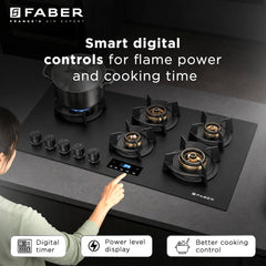 Faber 5 Burner 90Cm Hybrid HOB| Multiple Timer & Power Level Display |3.6Kw Brass Burner|Free Installation|2 Years Compr