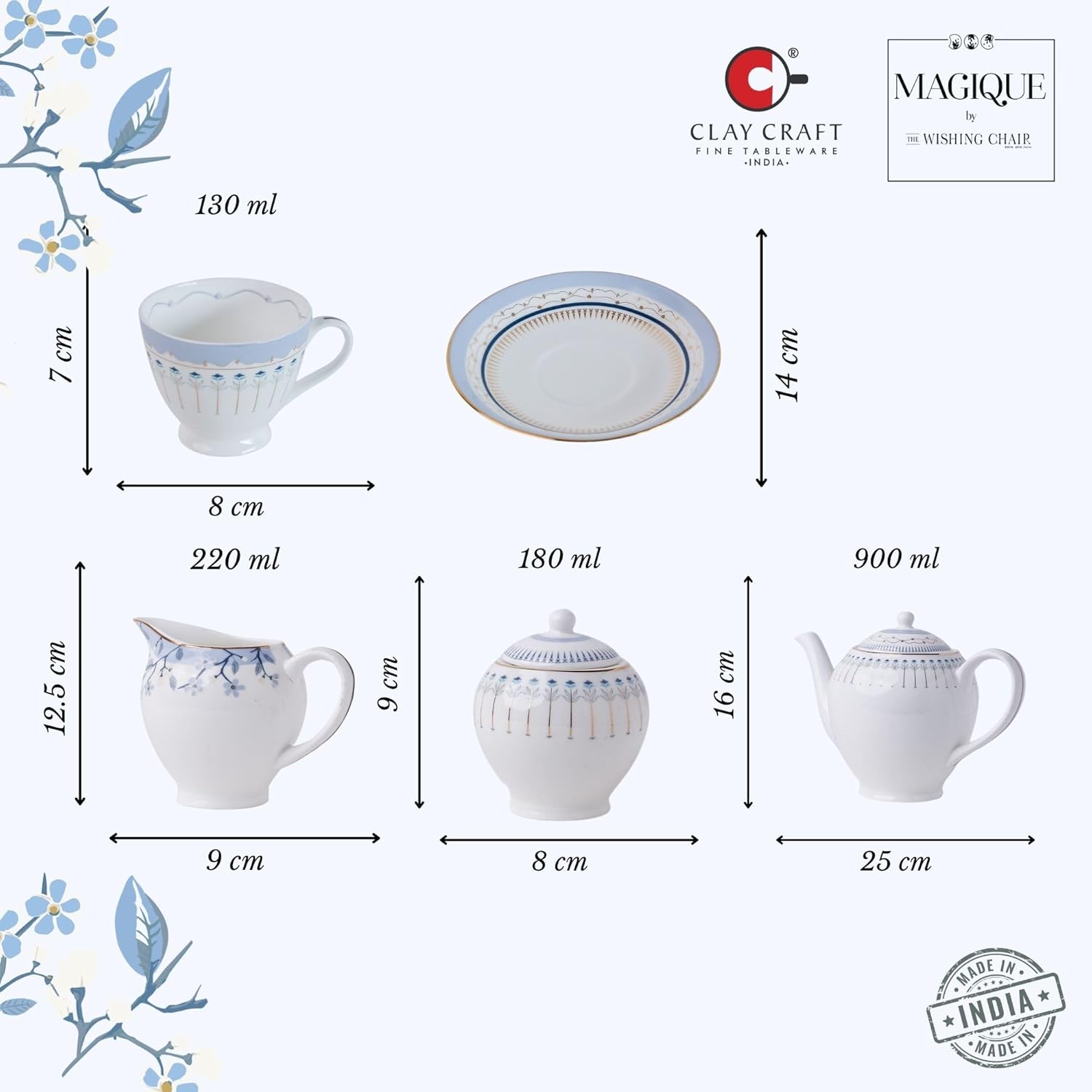 Magique by The Wishing Chair x ClayCraft : River of Flowers Ceramic Teaset 15-Piece | Teapot, Cups & Saucers, Sugar & Milk Pot | Elegant Floral Tea Set for Home High Tea Gifting Weddings Parties