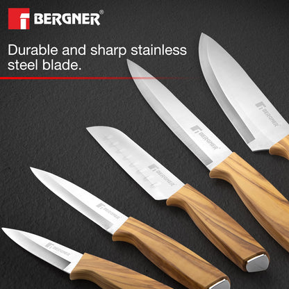 BERGNER Olive Garden Stainless Steel 7 Pcs Knife Set, Kitchen Knife Set of Chef Knife, Santoku Knife, Carving Knife, Utility Knife, Paring Knife, Scissor with Wooden Block, Durable, Soft Touch Handle