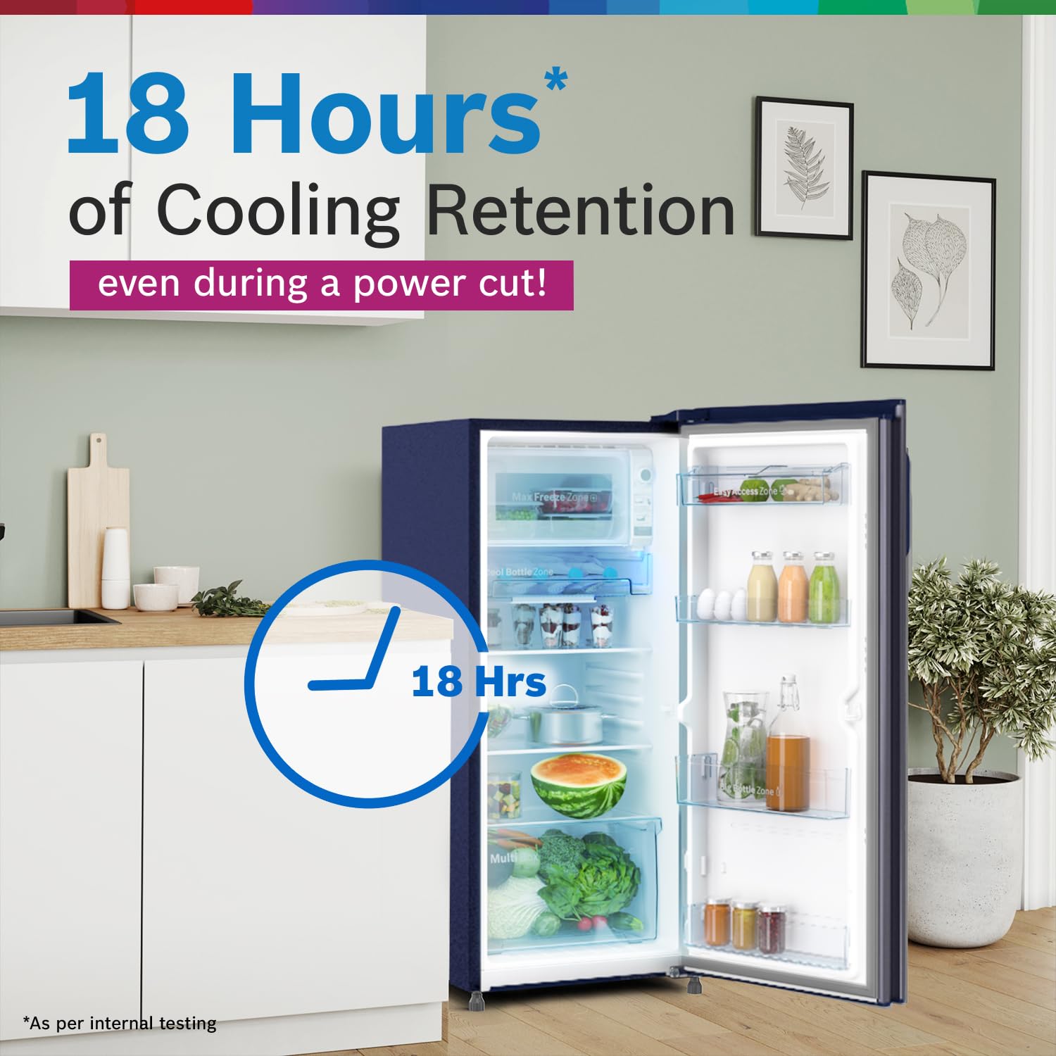 BOSCH 207 L, 4 Star Single Door Refrigerator with Industry's largest vegetable box* & Beverage space (CST20B34NI, Feather Blue| 18 Hr Cooling Retention, 2.5x Faster Cooling, Smart inverter compressor