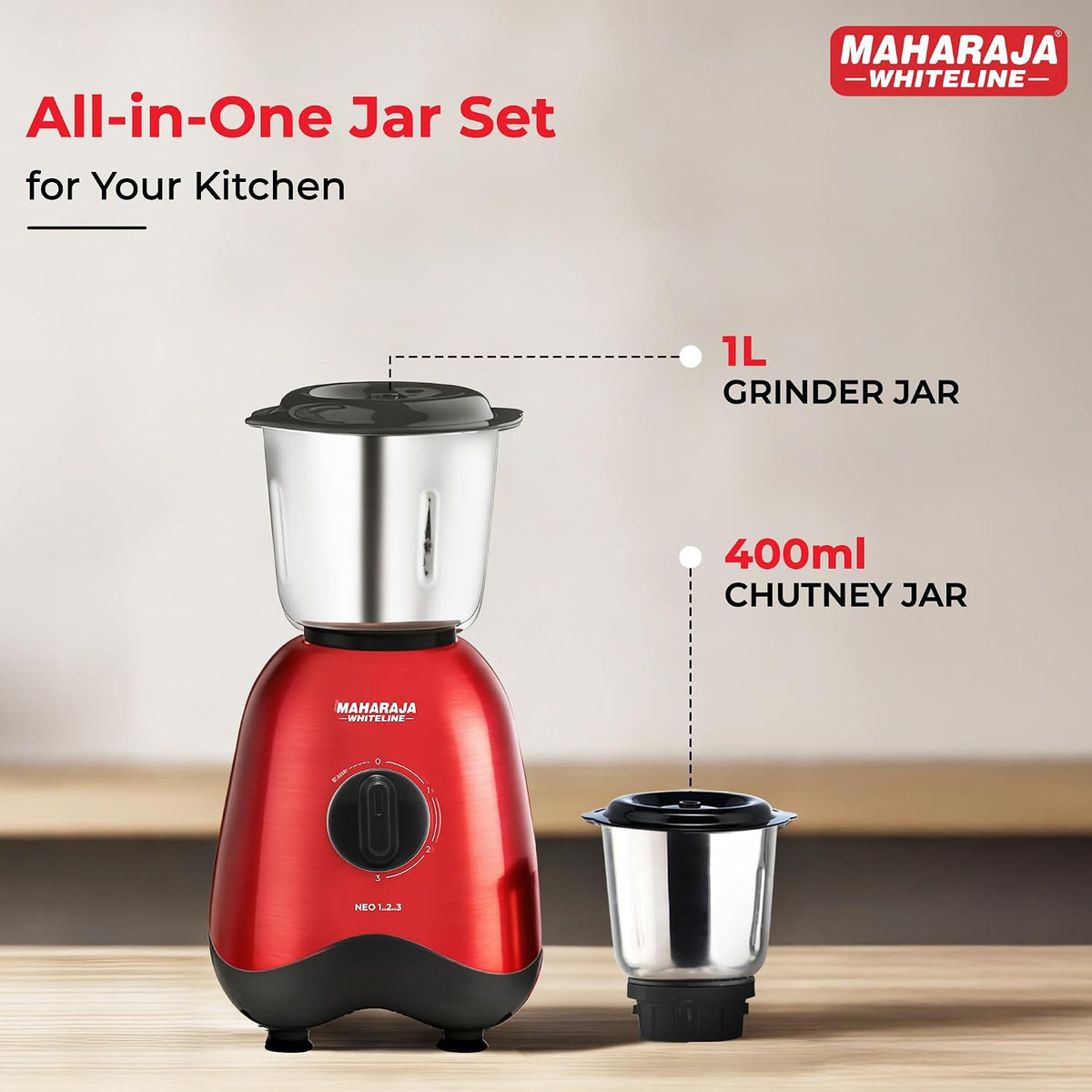 Maharaja Whiteline Neo 1..2..3 Mixer Grinder | 500 W Motor, 20,000 RPM | Long Running Time, Cooler Operation | Durable Coupler, Vacuum Foothold | Stainless Steel Blades | 2 Versatile Jars