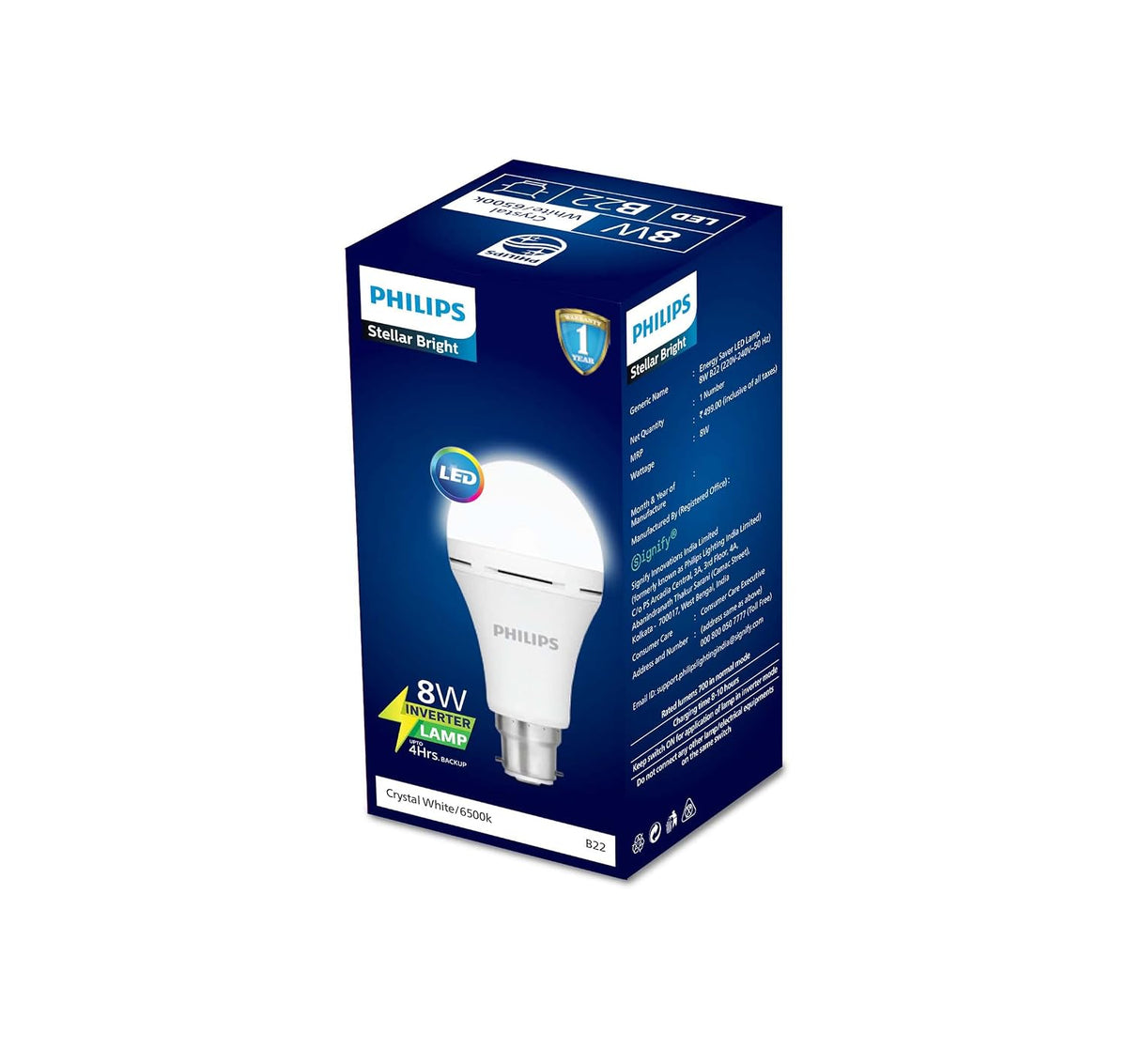 Philips Stellar Bright Rechargeable Emergency Inverter LED Bulb, B22 8-Watt-Crystal White(Pack of 1)