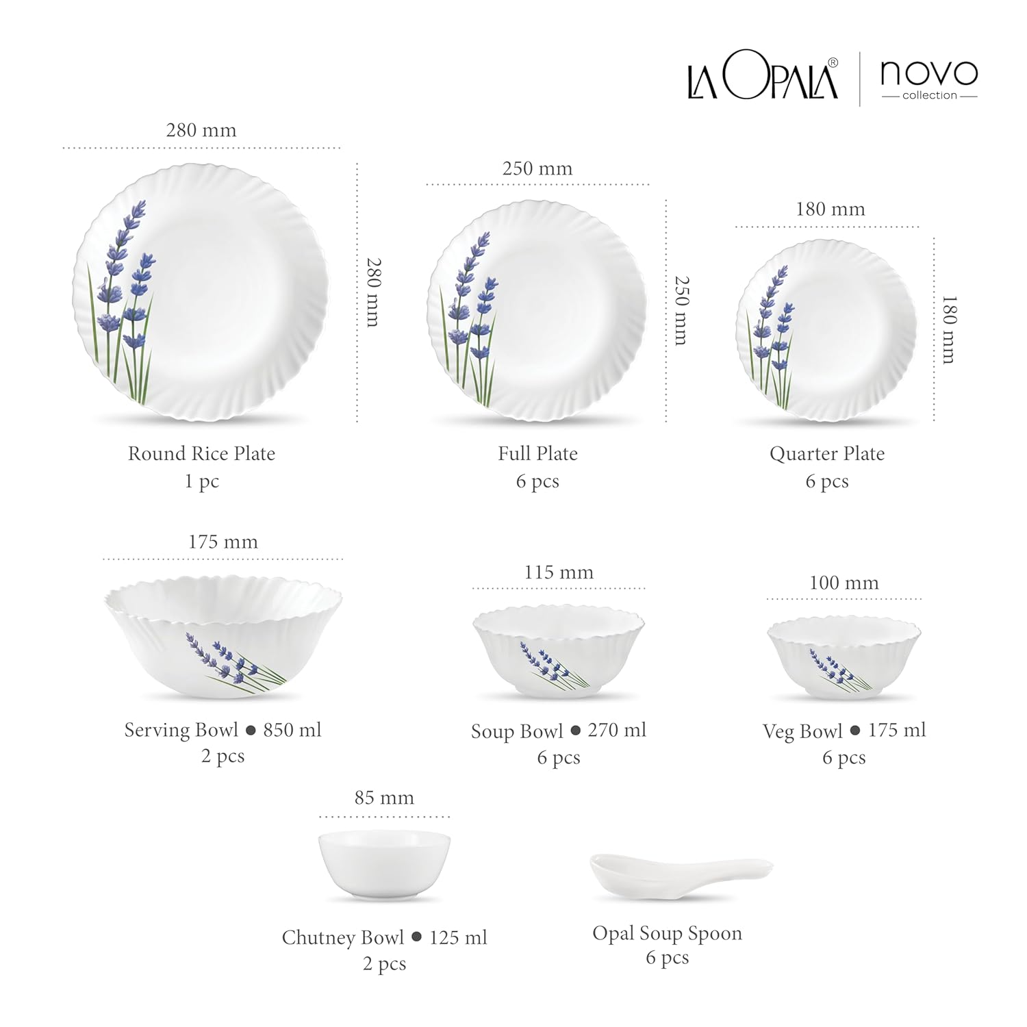 La Opala Novo Collection Opal Glass Crockery | for Family of 6 | Dinner Set 35 pcs English Lavender | Plates & Bowls for Dining | Microwave Safe | 100% Vegetarian | Extra Strong | Light & White