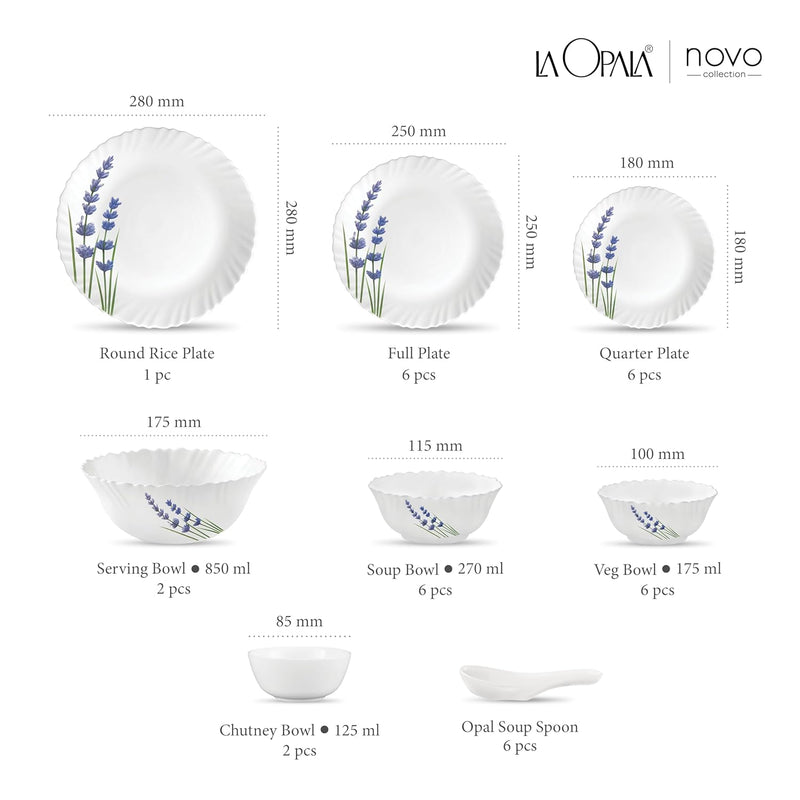 La Opala Novo Collection Opal Glass Crockery | for Family of 6 | Dinner Set 35 pcs English Lavender | Plates & Bowls for Dining | Microwave Safe | 100% Vegetarian | Extra Strong | Light & White